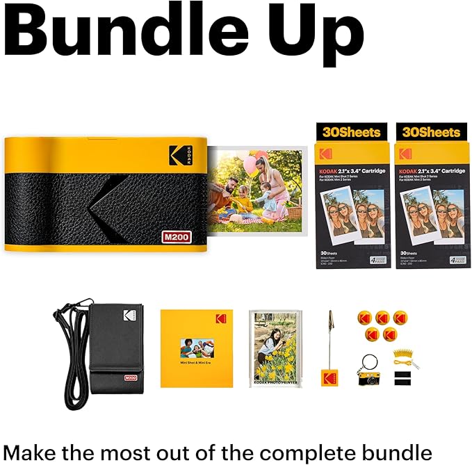 KODAK Mini 2 ERA 4PASS Portable Photo Printer (Yellow, Printer + Initial 8 Sheets + 60 Sheets + Accessories)