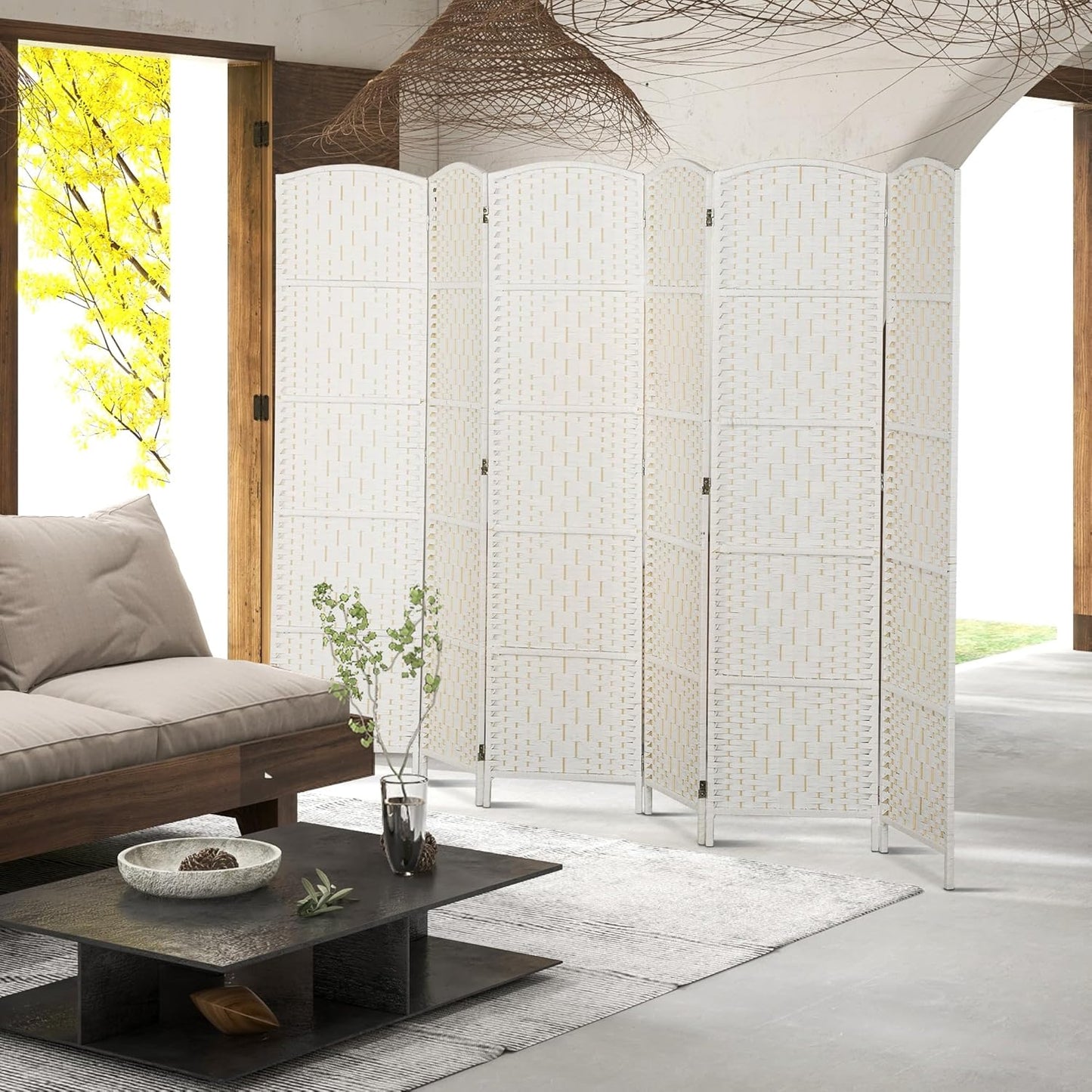 HOMCOM Room Divider, 6 Panel Folding Privacy Screen, 6FT Tall Portable Wicker Weave Partition Wall Divider for Bedroom, Home Office, White