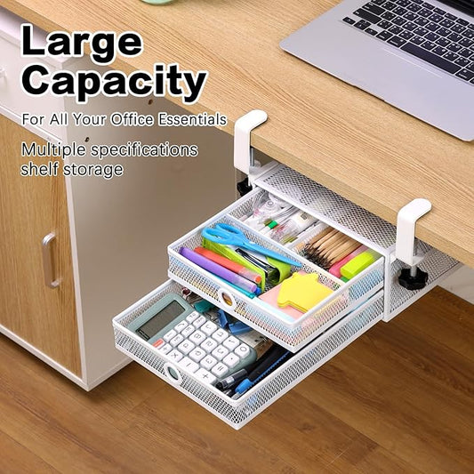 2-Tier Clamp-On Mesh Organizer, Under Desk Storage with Slide-Out Tray, No Drilling Tool-Free Installation, Durable Rust-Resistant Metal, Large-Capacity Organizer.