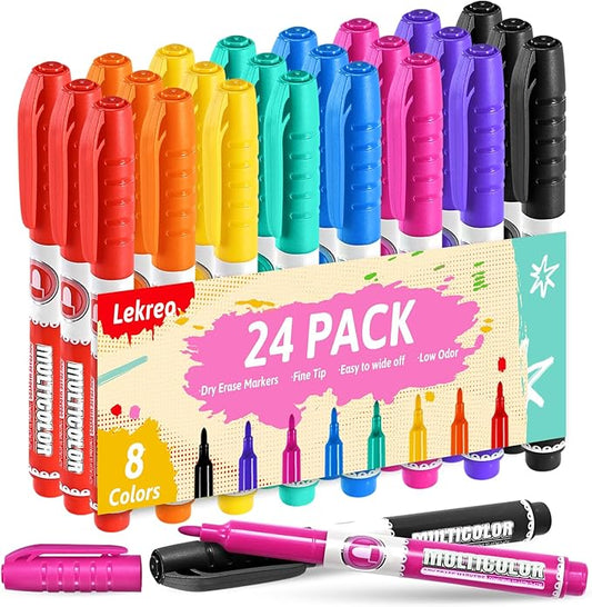 Dry Erase Markers, Fine Tip Whiteboard Marker, Low Odor Dry Marker, Fine Point Markers are pecfect for Whiteboard Mirrors Glass, Assorted Color Markers for School Office Home (24 Pack 8 Colors)