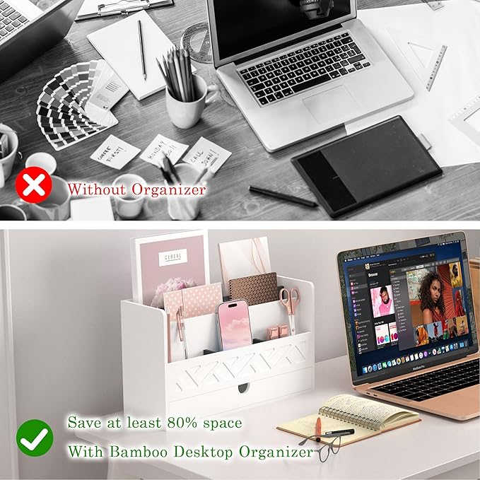 Wisuce Bamboo Mail Organizer Countertop Desktop with Drawer - Desk Organizer with File Organizer for Office Supplies All-in-One Desk File Organizer with Pencil Holder for Paper Letter Envelope Bill