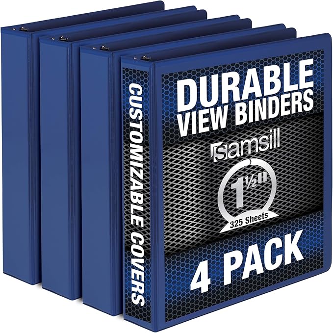 Samsill Durable 1.5 Inch Binder, Made in the USA, Round Ring Customizable Clear View Binder, Blue, 4 Pack (MP48452)