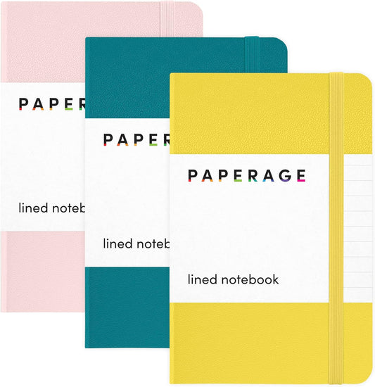 PAPERAGE Lined Pocket Journal Notebook, 3 Pack, (Yellow, Blush, Turquoise), 160 Pages, Small, 3.6 inches x 5.6 inches - 100 GSM Thick Paper, Hardcover