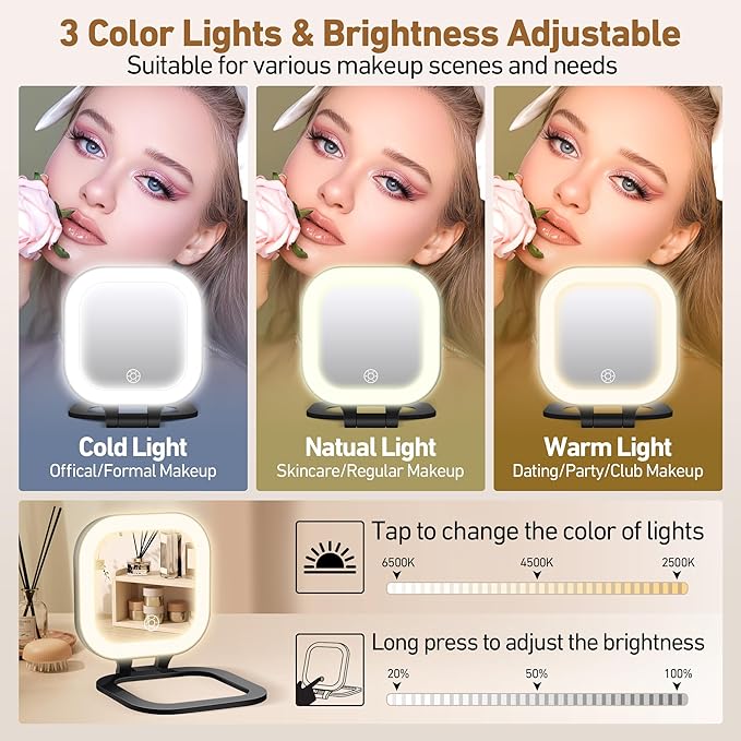 Travel Mirror with Light, 1x/30x Magnifying Mirror with 3 Color Lights and Adjustable Brightness, 4.5x3.9 inch Small Compact Hangable Hand Pocket 3 Way Mirrors, Comes with Tweezer