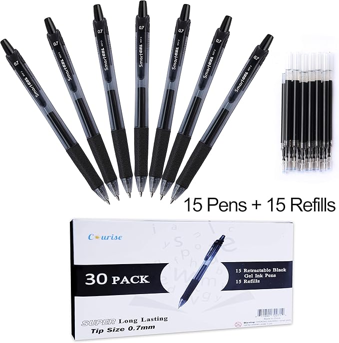 30 Pack Black Gel Pens, Retractable Medium Point Gel Ink Pens Smooth Writing for School Office Home, Comfort Grip(15 Pens with 15 Refills)
