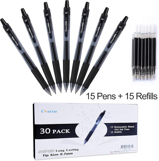 30 Pack Black Gel Pens, Retractable Medium Point Gel Ink Pens Smooth Writing for School Office Home, Comfort Grip(15 Pens with 15 Refills)