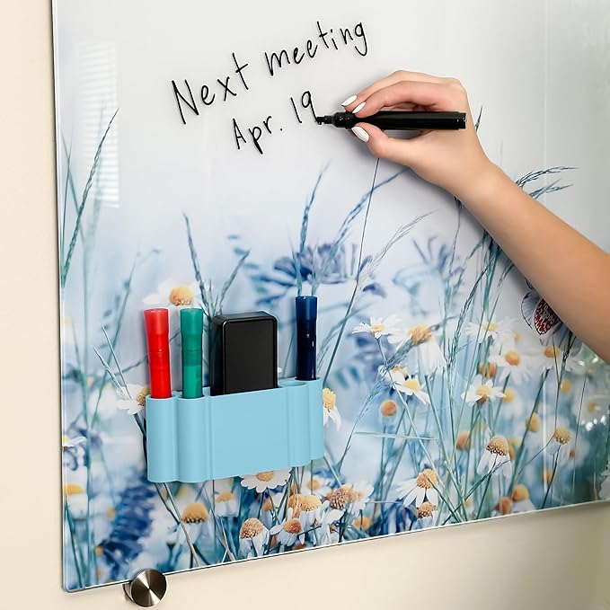 Glassboard Studio Magnetic Dry Erase Marker Holder - Super Strong for Magnetic Glass Whiteboard or Fridge - 2 Large Neodymium Magnets - No Slip Grip - Eco-Friendly PLA Plastic (Ice Blue, KIT)