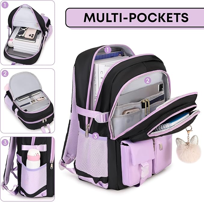 3PCS School Backpack For Student Women College Middle High Teen Girls Bookbag Waterproof Laptop Bag Black Purple