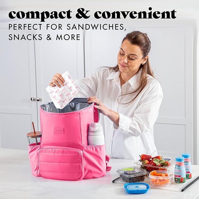 Fit & Fresh Reusable PEVA Storage Bags 3 Pack, Reusable Food Storage Bags, LeakProof Bag, Durable, Reusable Sandwich Bags, Freezer Safe Bags, Hand Wash, Easy to Clean, Eco-Friendly, Pink Bows