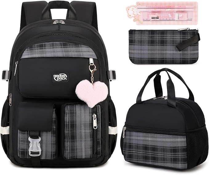 3PCS Backpack For School Women College Middle High Teen Girls Student Bookbag Waterproof Laptop Bag Plaid Black