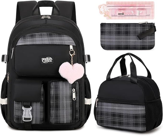 3PCS Backpack For School Women College Middle High Teen Girls Student Bookbag Waterproof Laptop Bag Plaid Black