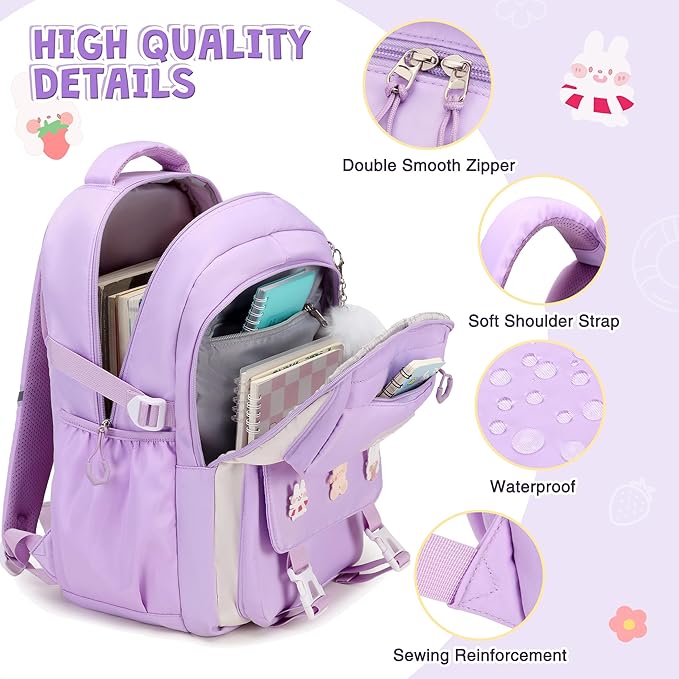 3PCS Girls Backpack for School, Kids Backpack for Girls with Lunch Box Pencil Case Set for Teen Girl Elementary Primary Middle High College School Bookbag with Cute Pins (Purple)
