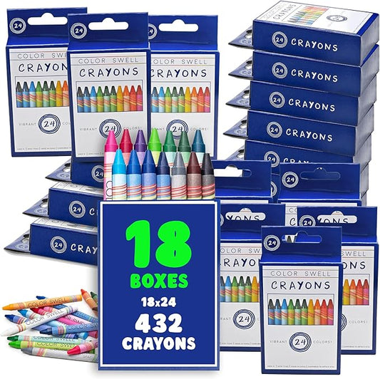 Color Swell Bulk Crayon Pack - 18 Boxes of 24 Vibrant Colored Crayons of Teacher-Quality Classroom Pack - Crayons in Bulk