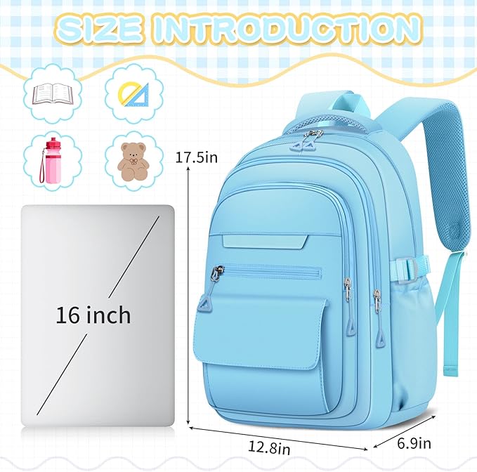 Cute Backpack for School Teen Girls Blue Bookbag Aesthetic Womens Travel Book Bags for School Kids Student Back Packs