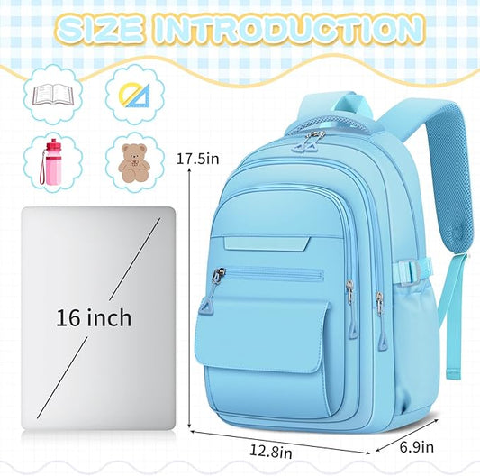 Cute Backpack for School Teen Girls Blue Bookbag Aesthetic Womens Travel Book Bags for School Kids Student Back Packs