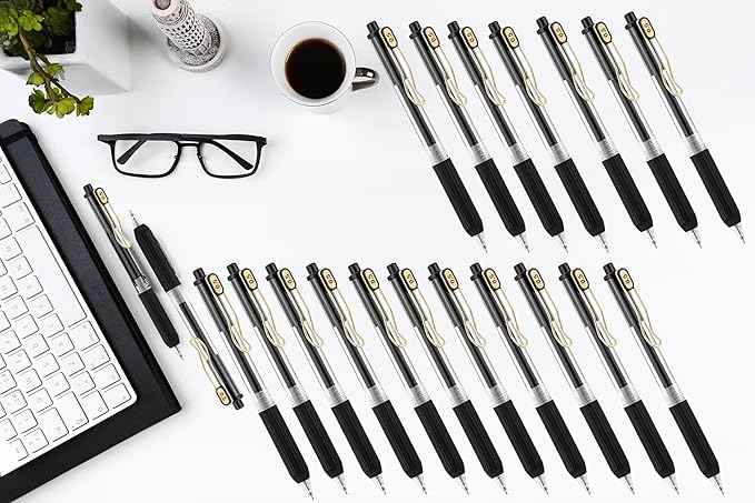Aozora 20 Pack Black Gel Pens Fine Point Smooth Writing Pens Retractable Black Ink Pen with Soft Grip 0.5mm Quick Dry Office School Supplies Gold Clip