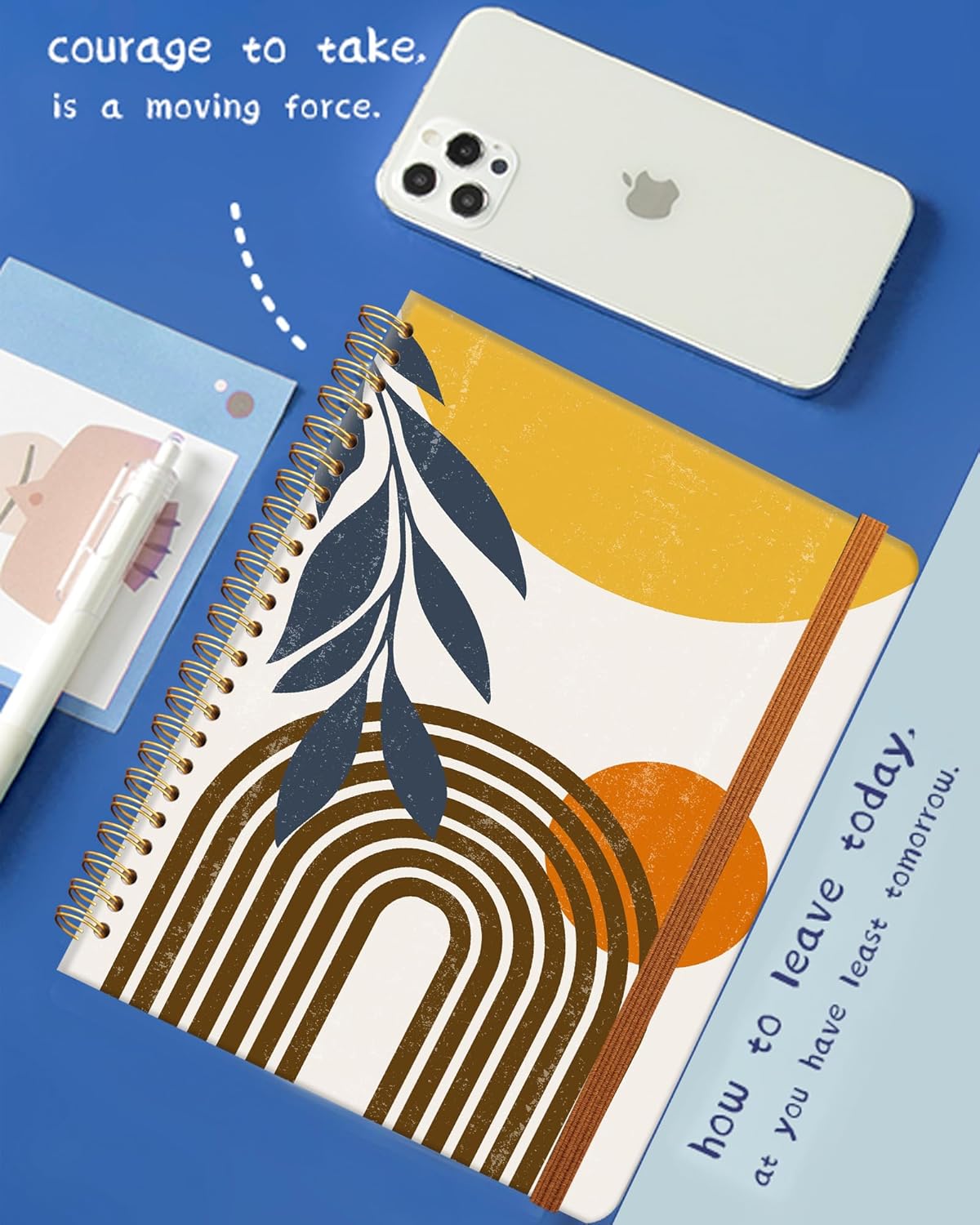 Ruled Spiral Writing Notebook,A5 Hardcover Lined College Journal for Women Lady,Fashion Puppy Watercolor Strong Twin-Wire Binding with Premium Paper,8.4" X 6",Perfect for School,Office,Home Gifts(Abstract Boho Sun Moon Leaves)