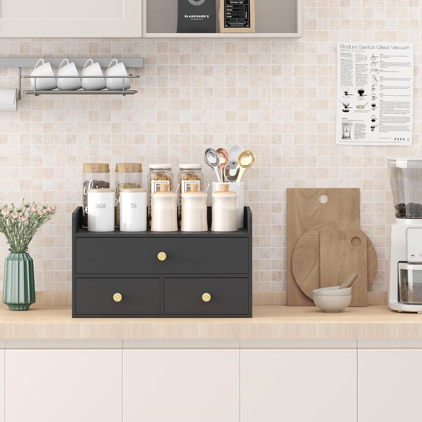 Bamboo Desk Organizer - Stackable, No Assembly Required, Ideal for Office/Home Use - Perfect for Toiletries, Stationery, Accessories. (Black, Fence three Desk Organizer)