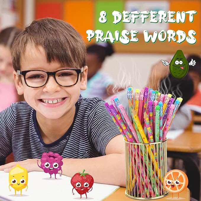 Leinuosen 48 Pcs Scented Pencils for Kids Cute Motivational Colorful Fun Wood HB Pencils Bulk with Erasers Fruit Elements for School Office Classroom Student