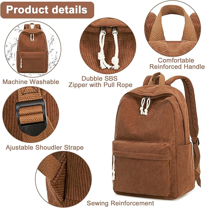 School Backpack for Teens Large Corduroy Bookbag Lightweight 15.6 inch Laptop Bag for Girls Women Casual High School College