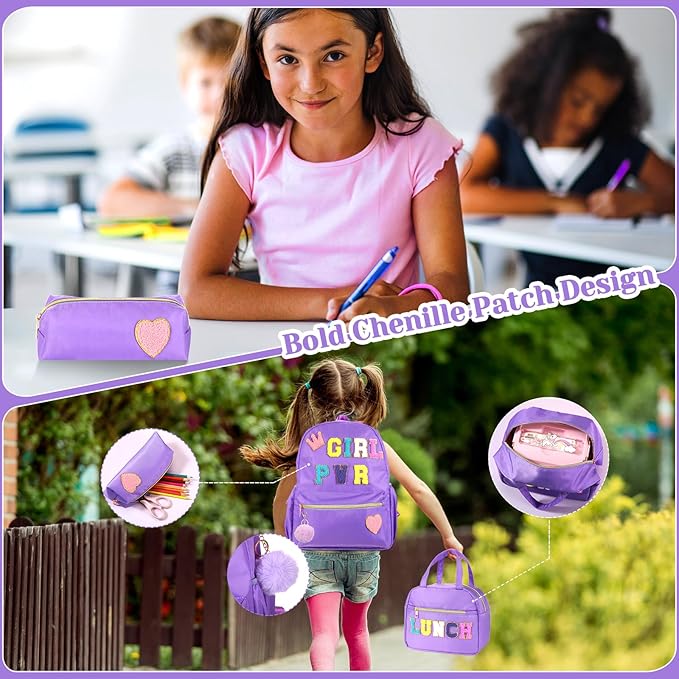 4 Pcs Christmas Child Items Bulk Backpack for Girls Purple Chenille Patch Backpack for School Students Knapsack with Lunch Box Pencil Case Poms Keychains Operation Christmas Items Bulk