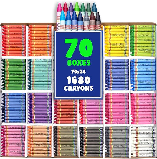 Color Swell Bulk Crayon Pack - 1680 Crayons in 24 Vibrant Colors of Teacher Quality Durable Bulk Crayons for Classroom and Home