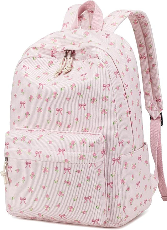 School Backpack for Teens Large Corduroy Bookbag Lightweight Girls Boys Casual High School College 17 inch Laptop Travel Bag (Pink Bow Floral-1)
