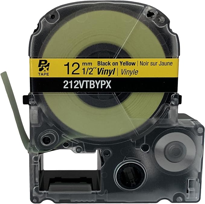 Epson LABELWORKS 212VTBYPX Genuine Tape Cartridge - Black on Yellow Flexible and Durable Vinyl Industrial Label Maker Tape - 1/2" (12MM) Wide, 22.9 ft