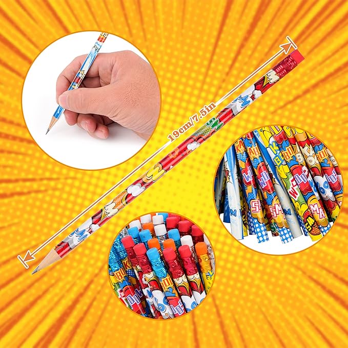 Kolewo4ever 200 Pieces Hero Text Pencils Cylinder Wood Pencils Pow Snap Wham Bang Elements Pencil 4 Style Assorted Kids Pencil for Classroom Rewards Carnival Prizes