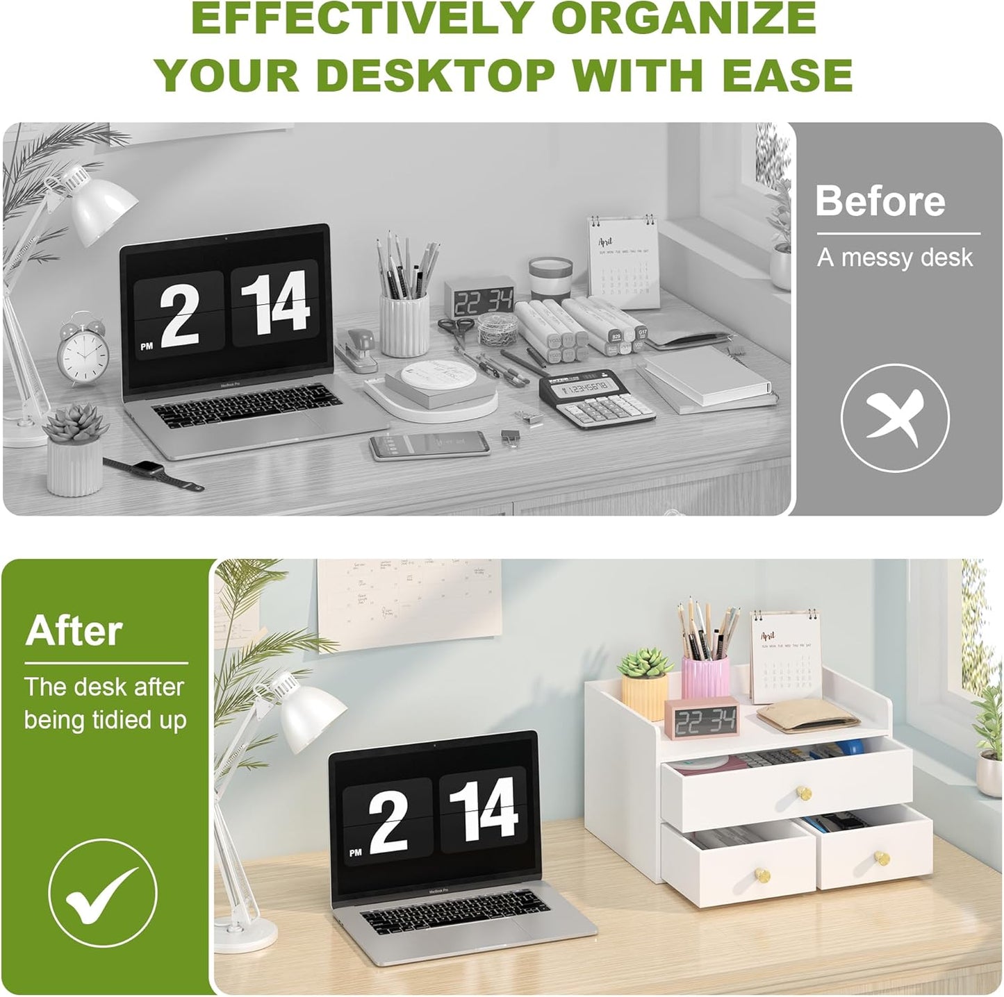 Bamboo Desk Organizer - Stackable, No Assembly Required, Ideal for Office/Home Use - Perfect for Toiletries, Stationery, Accessories. (White, Fence three Desk Organizer)