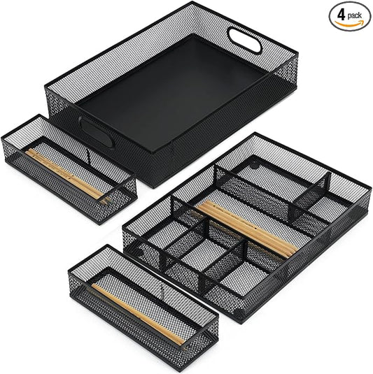 Neudeco Desk Drawer Organizer with 6 Adjustable Dividers, Metal Pen organizer for desk drawer,Mesh Office Desk Drawer Organizer Tray for office supplies (Pack 4, Black)