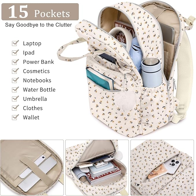 School Backpack for Girls Laptop Bookbag: Casual Corduroy Women Backpacks with USB Charging Port TSA Friendly Travel Back Pack with Anti-Theft Pockets Cute College Daypack for Teen Students Flowers