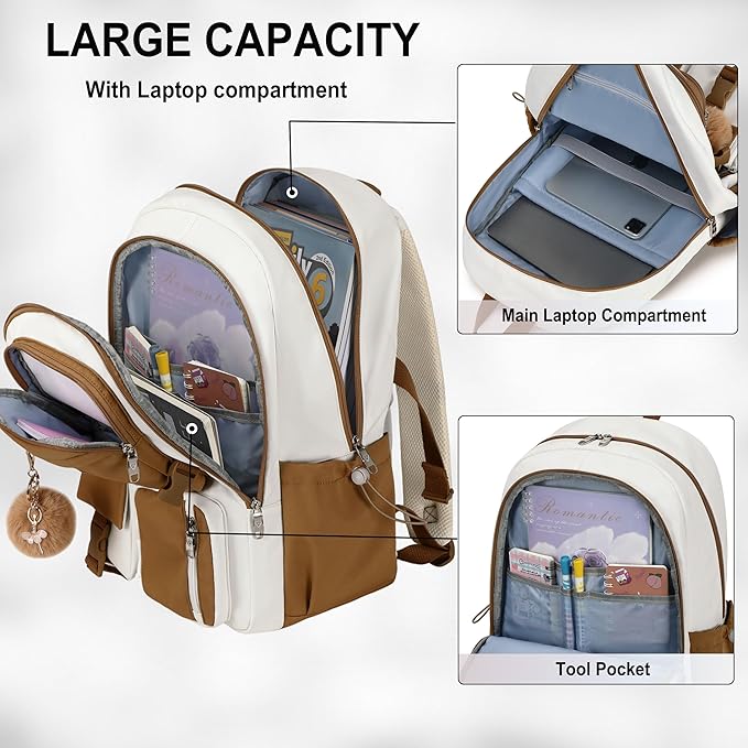 Laptop Backpack 15.6 Inch Kids Elementary Middle High School Bag College Backpacks Anti Theft Travel Back Pack Large Bookbags for Teens Girls Women Students (Beige Khaki)