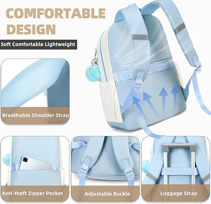 AO ALI VICTORY School Backpack for Girls Women 15.6 Inch Laptop Backpacks College Bookbag Cute Kids Elementary Middle High School Bag with Lunch Box Set for Teens Students Travel Daypack, Blue Set