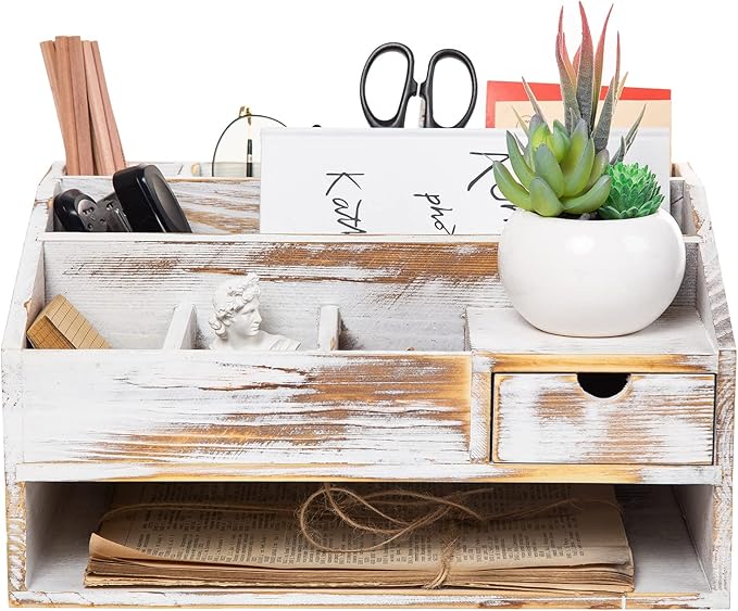 VERGOODR Wood Desk Drawer Organizers with File Organizer Pen holder Office Decor combo Organization Home Can Arrange calculators scissors pens note papers, etc. (washed white)