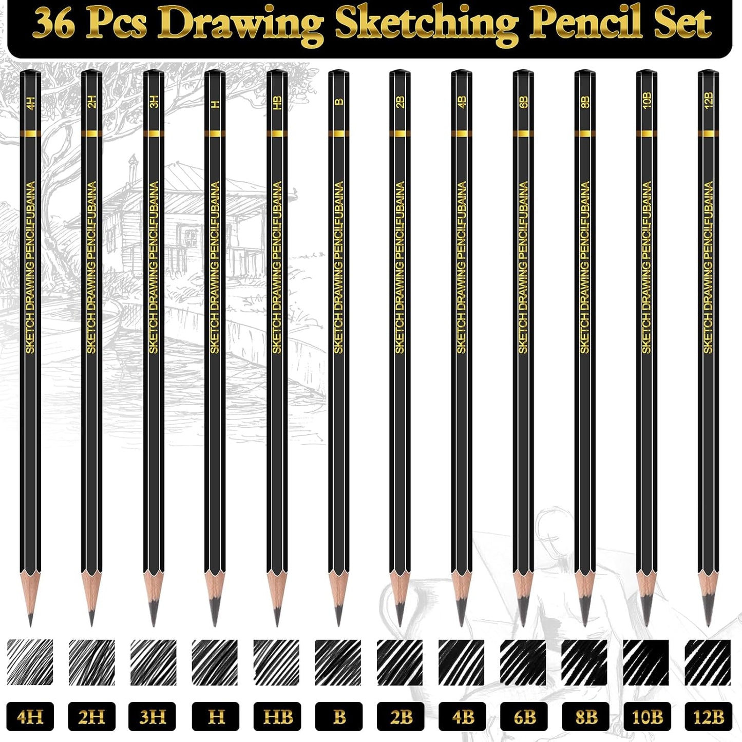 36 Pcs Drawing Sketching Pencil Set Professional (12b - 4h) Graphite Charcoal Gift Bulk for Artists Beginners, Pro Artists, Drawing Art, Sketching