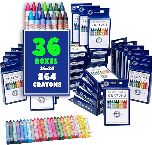 Color Swell Bulk Crayon Packs - 36 Boxes of 24 Vibrant Colored Durable Bulk Crayons of Teacher Quality for Classroom and Home