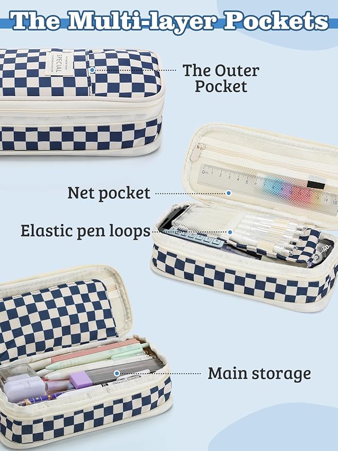 Large Capacity Pencil Case for Teens Girls - Cute Checkerboard Pencil Pouch with Zipper, Stationery Bag Box for Student Back to School Gifts, Blue