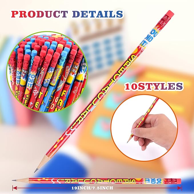Kolewo4ever Inspirational Pencils, 200 Pieces with 10 Different Designs, Words of Encouragement Printed on Sharpened Pencils, Graphite Core, Colorful Erasers, Suitable for School