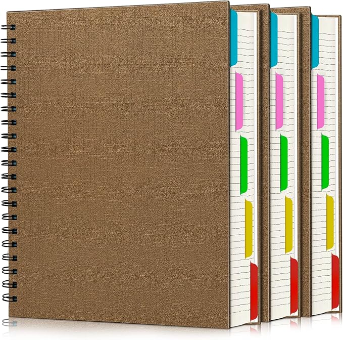 EUSOAR Spiral Notebook 5 Subject, 3pcs A4 11" x8-1/2 College Ruled Writing Pad, Thick Hardcover, 100GSM 120Sheets/ 240Pages of Lined Paper, for Journals, Students, Office and Business, Kraft