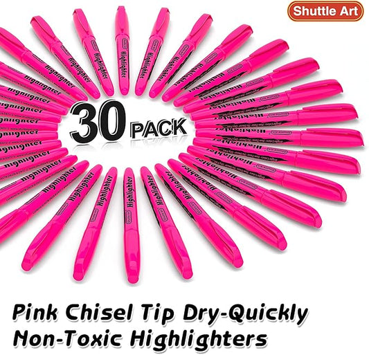 Shuttle Art Highlighters, 30 Pack Highlighters Bright Colors, Pink Colors Chisel Tip Dry-Quickly Non-Toxic Highlighter markers for Adults Kids Highlighting in the Home School Office