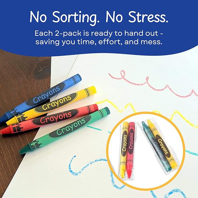 CrayonKing 1,000 Sets of 2-Packs in Cello (2,000 Bulk Crayons) Pre-Wrapped for Restaurants, Parties, Classrooms, and Events – Kid-Safe, Assorted Colors, Easy to Distribute Non-Toxic Crayons