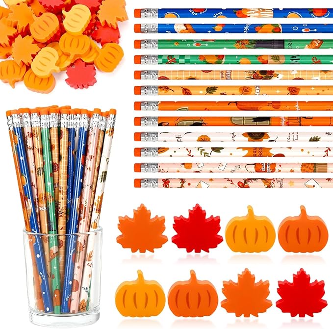 JULMELON 72PCS Fall Party Favors Set, 36PCS Autumn Pencils with 36PCS Pumpkin Maple Leaf Erasers, Pencils for Thanksgiving Holiday Party Reward Supplies