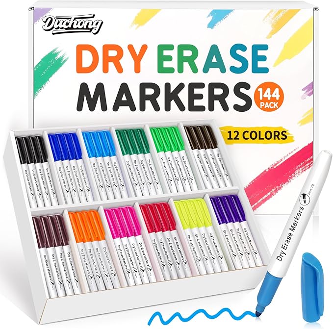 144 Count Dry Erase Markers Bulk, 12 Assorted Colors, Fine Tip Whiteboard Markers for Kids Teachers, Dry Erase Pens Bulk Pack for Classroom Home, Back to School Supplies