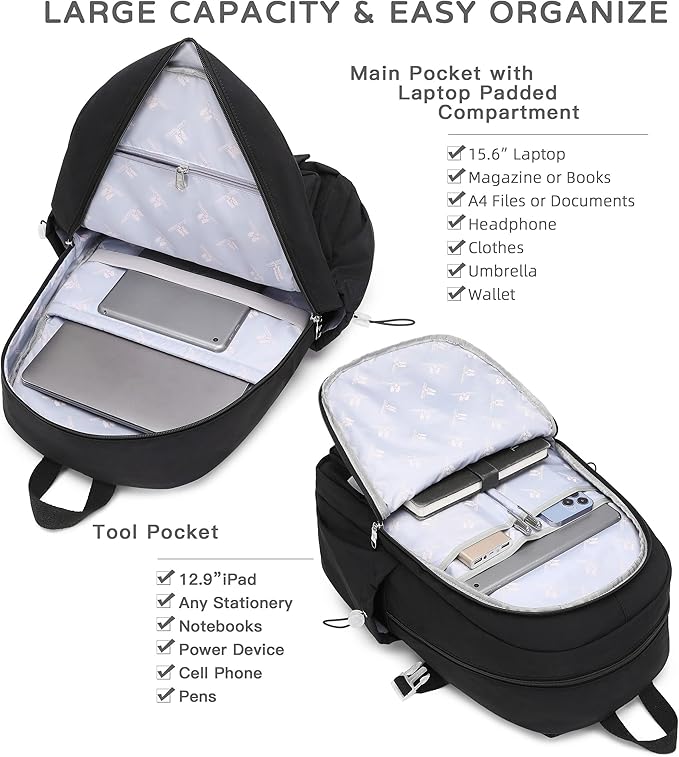 LXYGD Laptop Backpack 15.6 Inch Kids Elementary Middle High School Bag College Backpacks Anti Theft Travel Back Pack Large Bookbags for Teens Girls Women Students (Black)