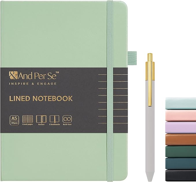 A5 Lined Leather Journal and Pen Set, Hardcover Notebook with Pen, 160 Pages 100gsm Thick Ruled Paper for Women Men Work Business School or Home Writing, 5.7'' x 8'' (Light Green)
