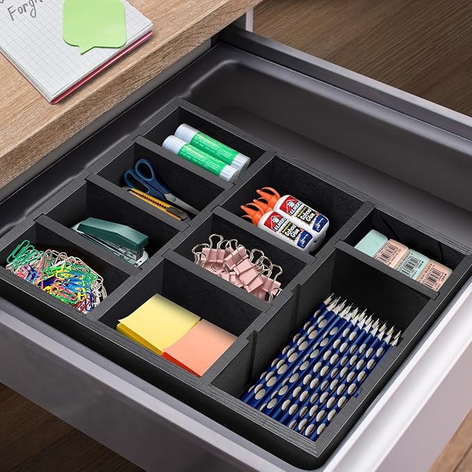 Desk Drawer Organizer Tray with 9 Adjustable Compartments, Wooden Office Desk Accessories Supplies Organization Storage for Desktop Bathroom Vanity Makeup Black