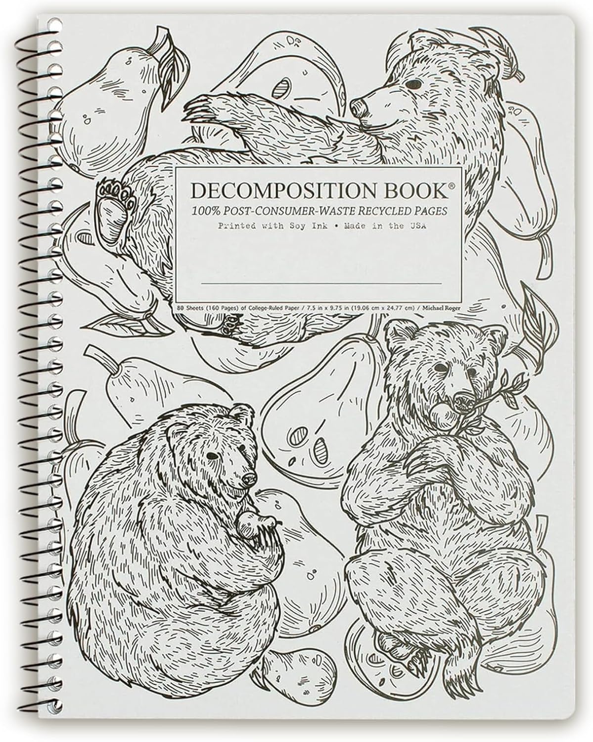 Decomposition Pear Bears College Ruled Spiral Notebooks – 9.75 x 7.5 Journal with 160 Lined Pages – Notebooks for School Supplies, Home & Office – 100% Recycled Paper – Made in USA