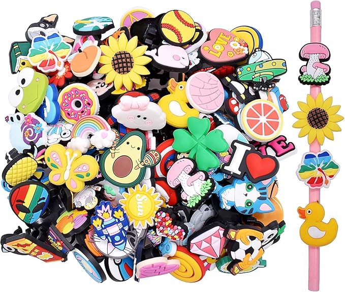 YEALQU 500PCS Random Different Pencil Topper Decoations Cute PVC Pencil Toppes Lovely Black Clip for Pupil/Junior Students Gifts Awards