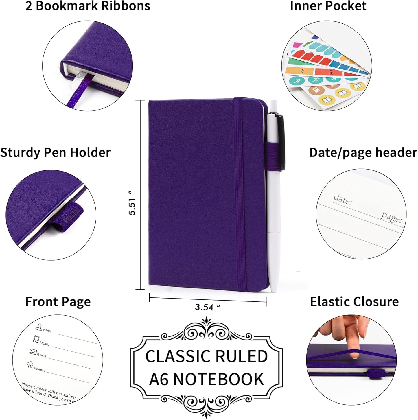 feela 3 Pack Pocket Notebook Journals, Mini Cute Small Journal Notebook Bulk Hardcover College Ruled Notepad with Pen Holder for Office School Supplies, with 3 Black Pens, 3.5”x 5.5”, A6, Purple